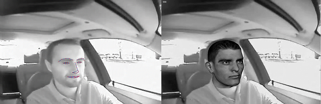 Two photographs of a driver behind the wheel of a car. The photo on the left is overlaid with dots that capture the driver's basic facial expression and features. On the right is the same photo but the driver's face has been replaced with a computer-generated avatar.